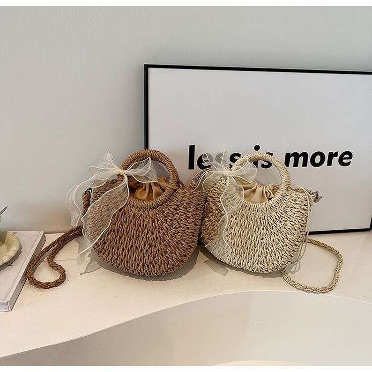 Handmade Beach Bag Paper Rope Hand-Held Crossbody Shoulder Beach Woven Bag, Semi-Circular Lace Grass Bag Kq2