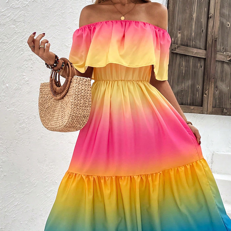Fashionable and sexy rainbow colored one-piece lotus shoulder dress with pleats and A-line small swing skirt