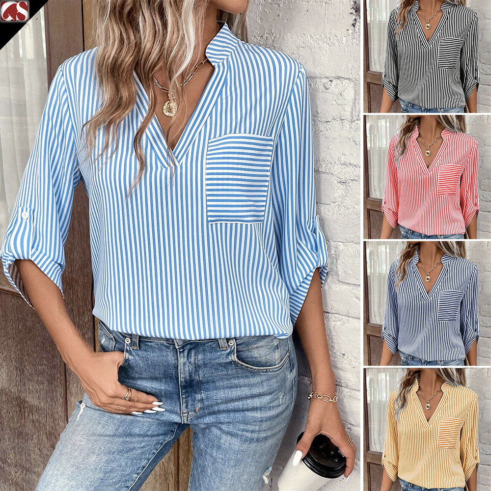2025 early spring new V-neck pullover with striped printed long sleeved casual women's shirt