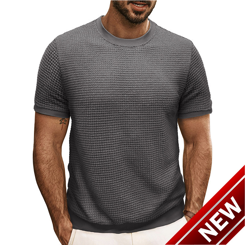 Summer new mens short sleeved knitted T-shirt top with round neck ribbed pullover
