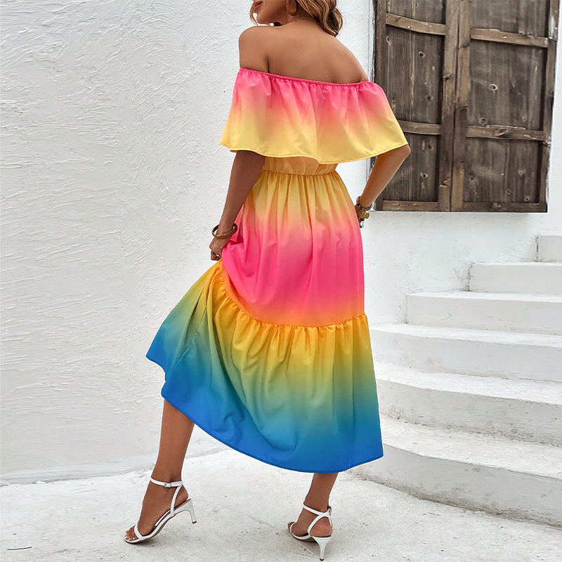 Fashionable and sexy rainbow colored one-piece lotus shoulder dress with pleats and A-line small swing skirt