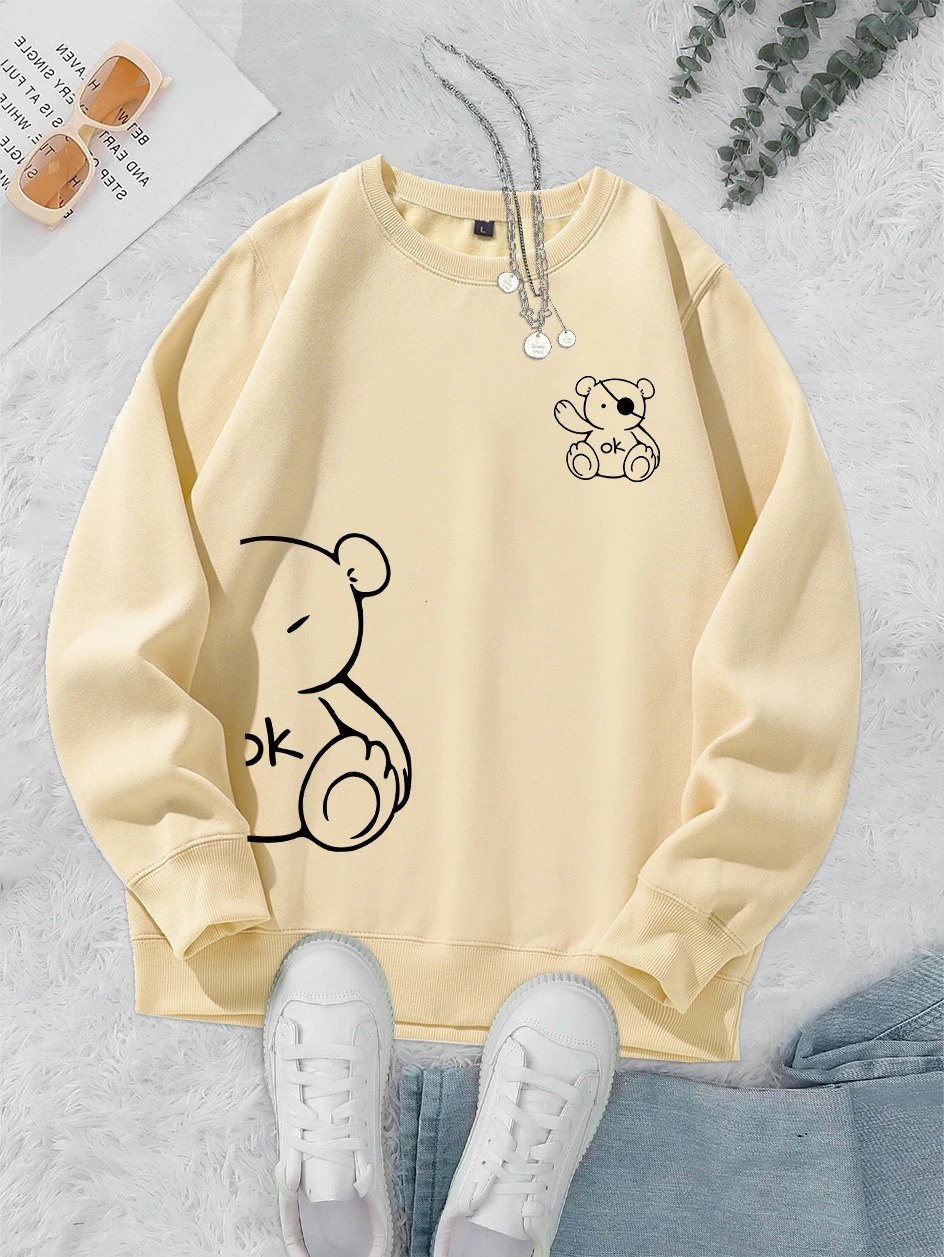 Kawaii OK Teddy Bear Printed Womens Classic Retro Fashion Hoodie Wool Warm Casual Clothing Loose Sweatshirt 250414