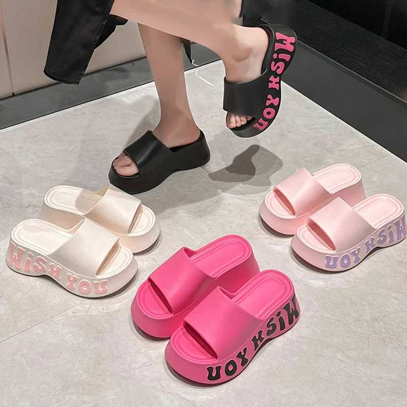 Summer 2025 Letter Print Thick Bottom Cloud Slippers for Womens Fashion Short and Fat Platform Sandals for Womens Anti Slip Wedge High Heels Beach Sli