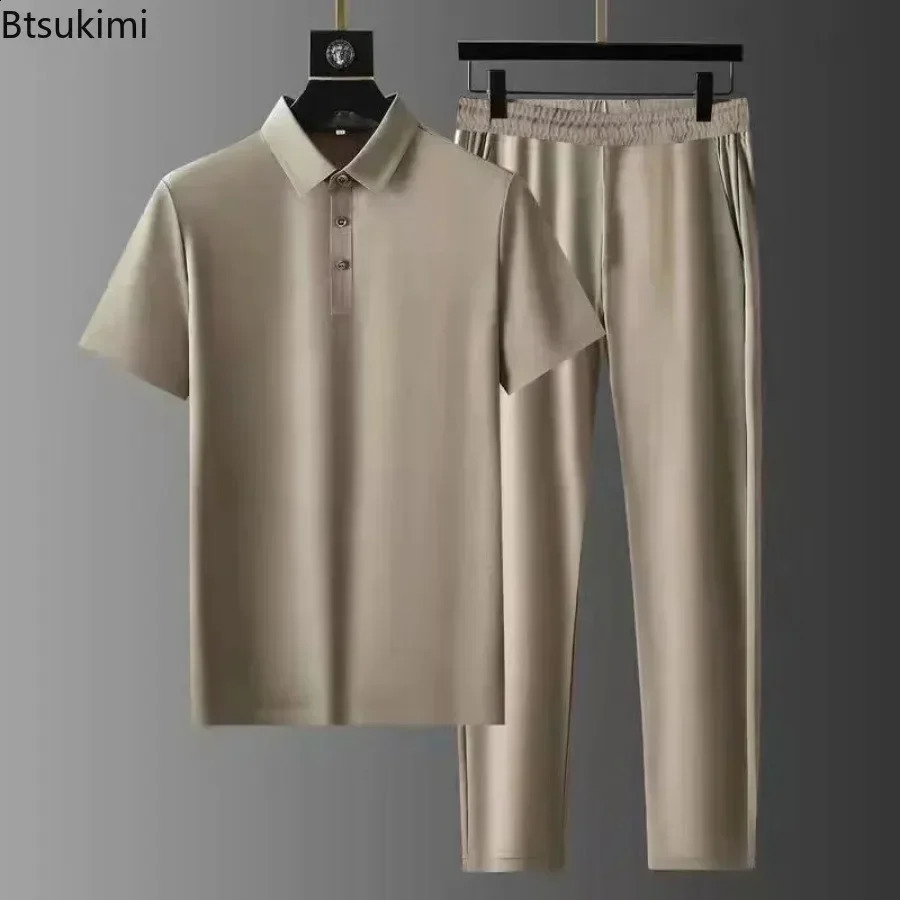 2025 Mens Fashion Solid Two-Piece Sets Casual Comfy Lapel T-shirtTrousers Sport Outfit Men Breathable High-Quality Tracksuits 250409