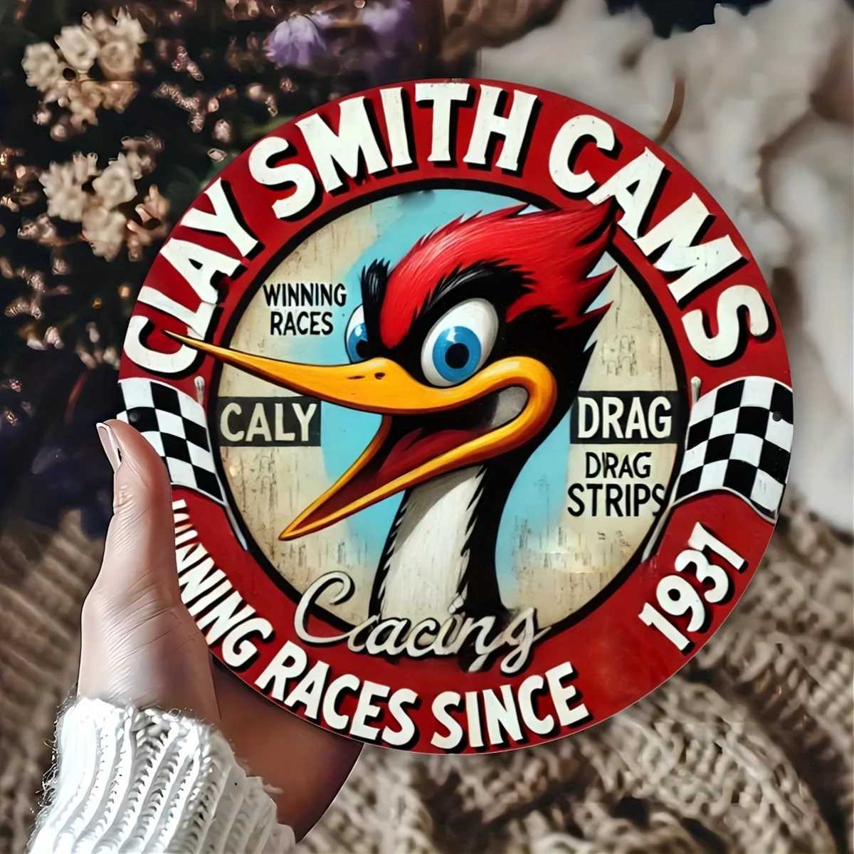 Terracotta Smith Cam Vintage Round Aluminum Sign 8x8 Inch Woodpecker Racing Theme Metal Plate for Home Restaurant CafeM251114