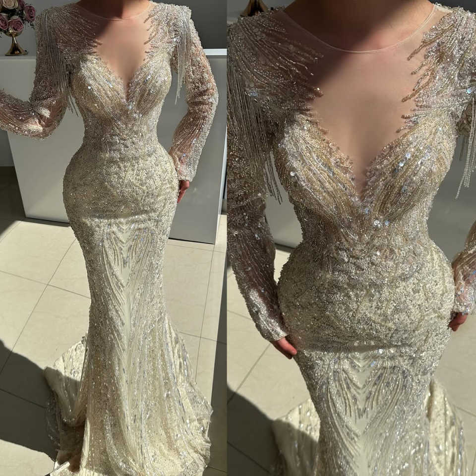 Luxury Sequins Mermaid Wedding Dress Beading O Neck Long Sleeve Bride Gowns Sheath Lace Floor-Length Bridal Dresses Customized