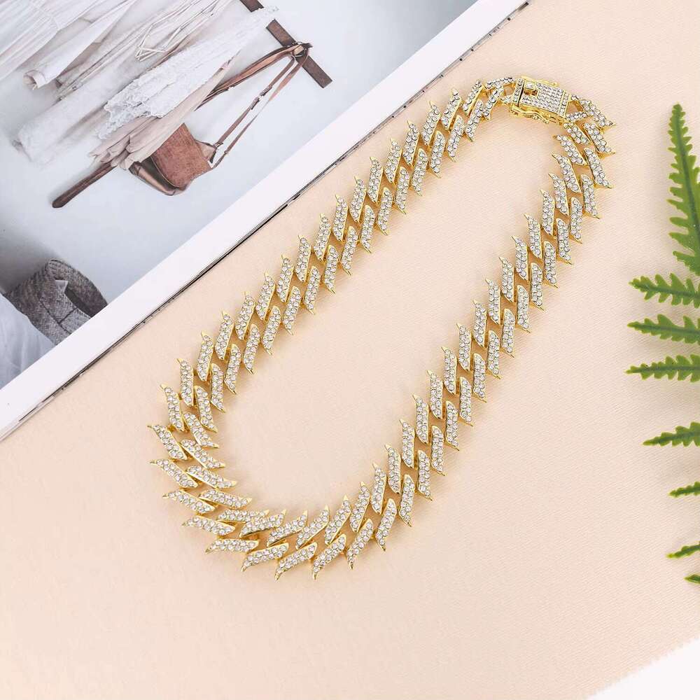 DHCollections Iced Out Cuban Link Chain Necklace for Men Women Spike Design Bling Rhinestone Hip Hop Choker Gold & Silver Plated Statement Jewellery