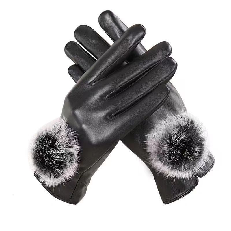 Winter black sheepskin Mittens Leather Gloves For Women Rabbit Fur Wrist Top Sheepskin Gloves Black Warm Female Driving Gloves CJ191225