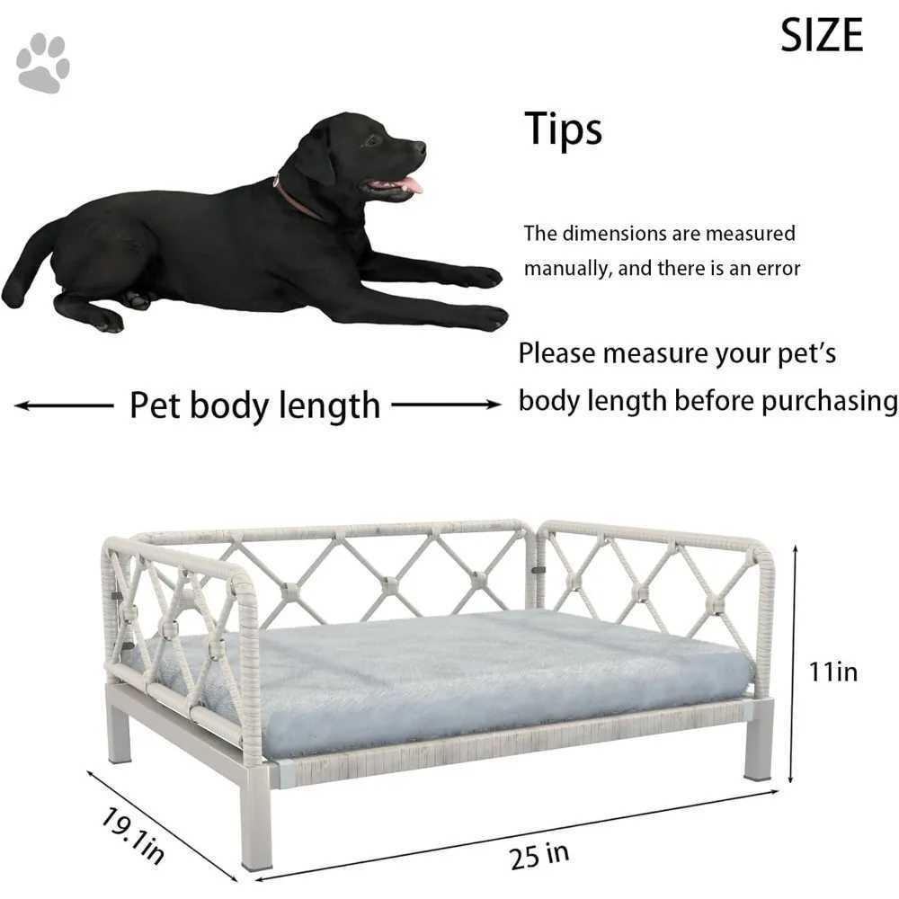 Er dog bed with 2-inch cushion Rattan dog sofa bed suitable for small and medium-sized dogs - indoor/outdoor metal frame pet bed up to 66lbs (gray mou