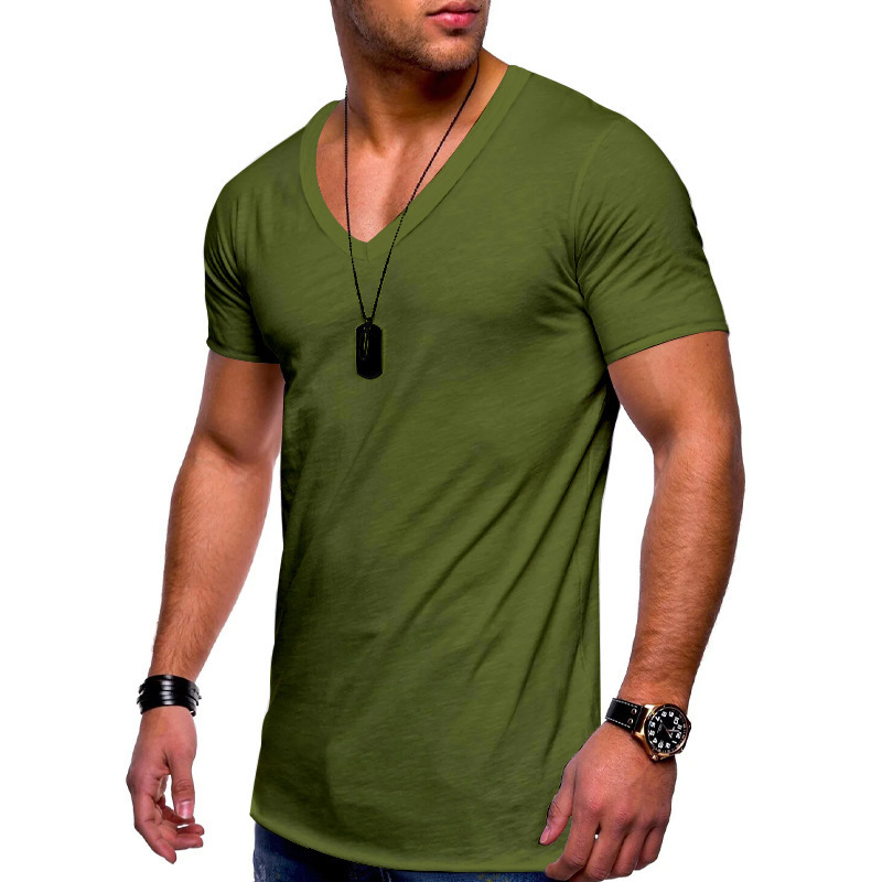 2023 summer mens T-shirt clothing mens V-neck solid color large casual short-sleeved T-shirt