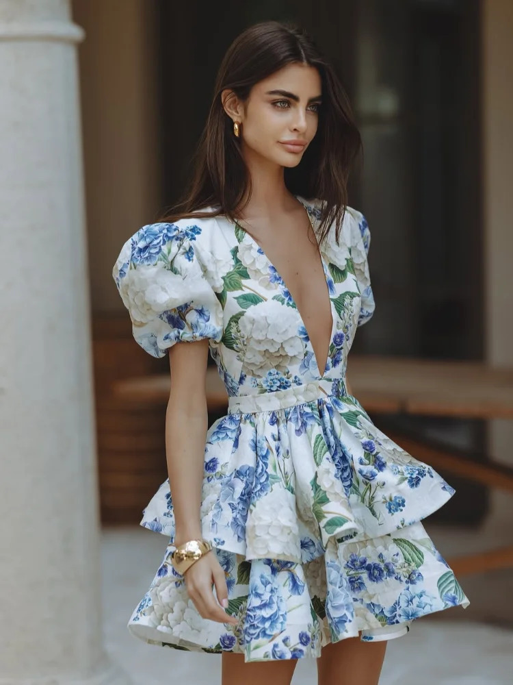 Womens elegant pleated party dress fashionable blue print fluffy laminated mini sexy deep Vneck short sleeved Aline vest 250414