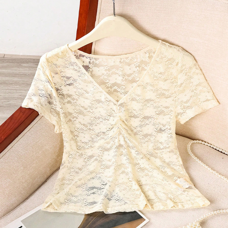 Womens 2025 Summer Style Sexy Lace Shirt Short Sleeve Beach Top for Women