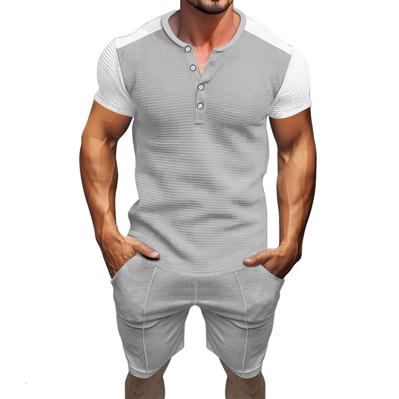2025 Summer Fashion Light Mature Casual Color Block T-shirt Men's V-neck Single breasted Short sleeved Shorts Set
