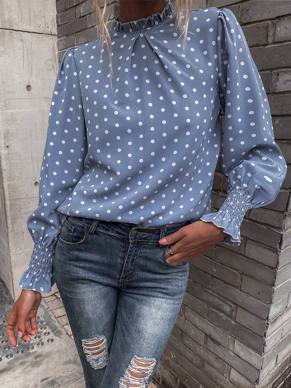 Women's 2025 new Temu ruffled polka dot printed bubble sleeve style women's shirt