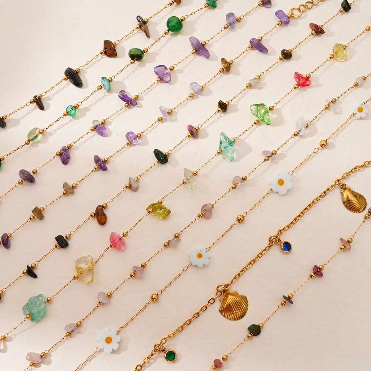 Outdoor beach style stainless steel gravel anklet colored stone decoration 250408