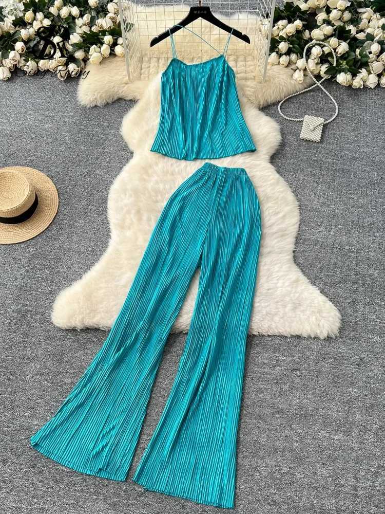 SINGREENY Womens Summer Casual Two Piece Set with Waist Belt Loose Top+Elastic Wide Leg Pants Bohemian Chic Folded Home ClothesXJ250414