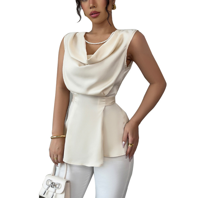 Temperament sleeveless shirt for womens clothing in summer 2025 pile collar shirt waist cinching tie up