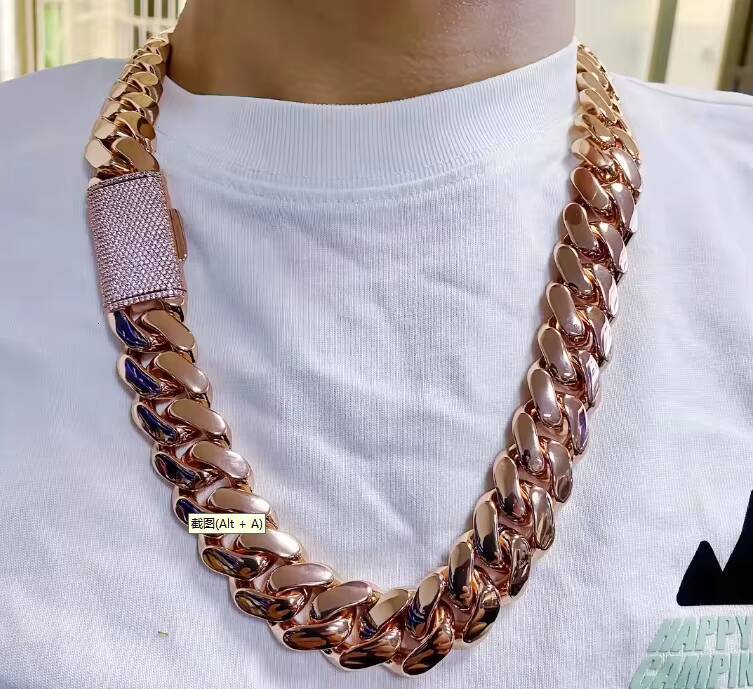 Rose Gold Miami Cuban Link Chain Solid Brass Hip Hop Cadenas De Oro Rosa Necklace Bold Streetwear Jewelry for Zircon Anniversary