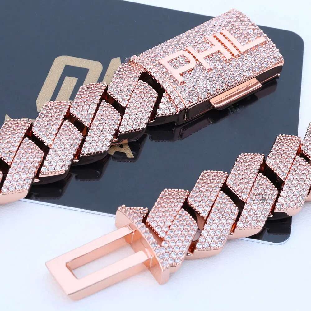 15mm CZ Iced Custom Four Letter Box Clasp Cuban Link Chain Luxury Man Hip Hop Bling Full Diamond Rose Gold Plated Necklace