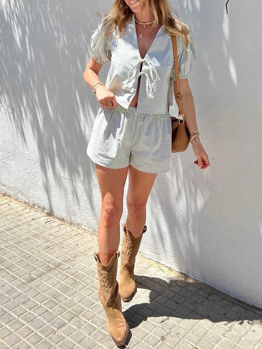 Womens summer shorts set lounge set striped printed short puffs Sves bow tie front top elastic waist shorts set pajamasXJ250414