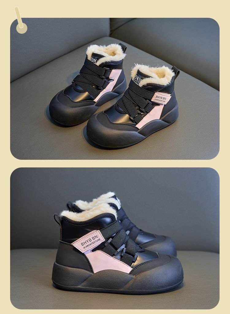 Winter Fashion Children Youth Waterproof Leather Walkfashion Girls Sneaker Rubber Hiking Shoe Kids Toddler Snow Warm Boots Fur Shoes Sizes 27 - 37 dh1