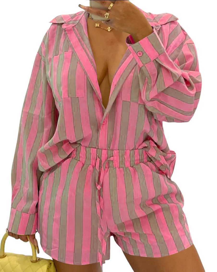 Striped printed shorts set for womens fashionable long SVE shirt and shorts 2-piece set for womens summer casual loose suitXJ250414