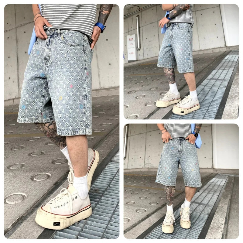 14003 Summer American Ted Jacquard Loose Casual Fashion Straight Blue Washed Cowboy Shorts 250414