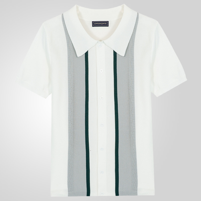Mens Summer New Collection Mens Knitted Sweater Flip Collar Pullover Casual Striped Polo Shirt