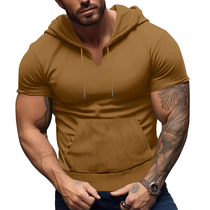 2025 Sports and Fitness Short sleeved T-shirt Men's Hoodie Sticked Pocket Fit Top