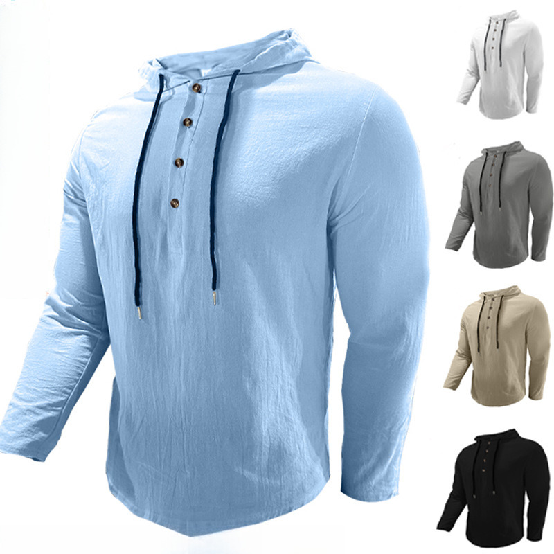 2025 new linen shirt hooded T-shirt sweatshirt, spring and autumn men's long sleeved casual daily clothing