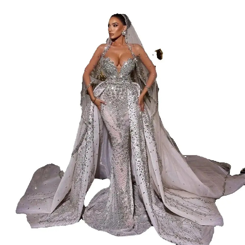 Luxurious Halter Mermaid Wedding Dresses Beaded Crystal Sleeveless Bridal Gowns Detachable Train Robe De Mariee Customized