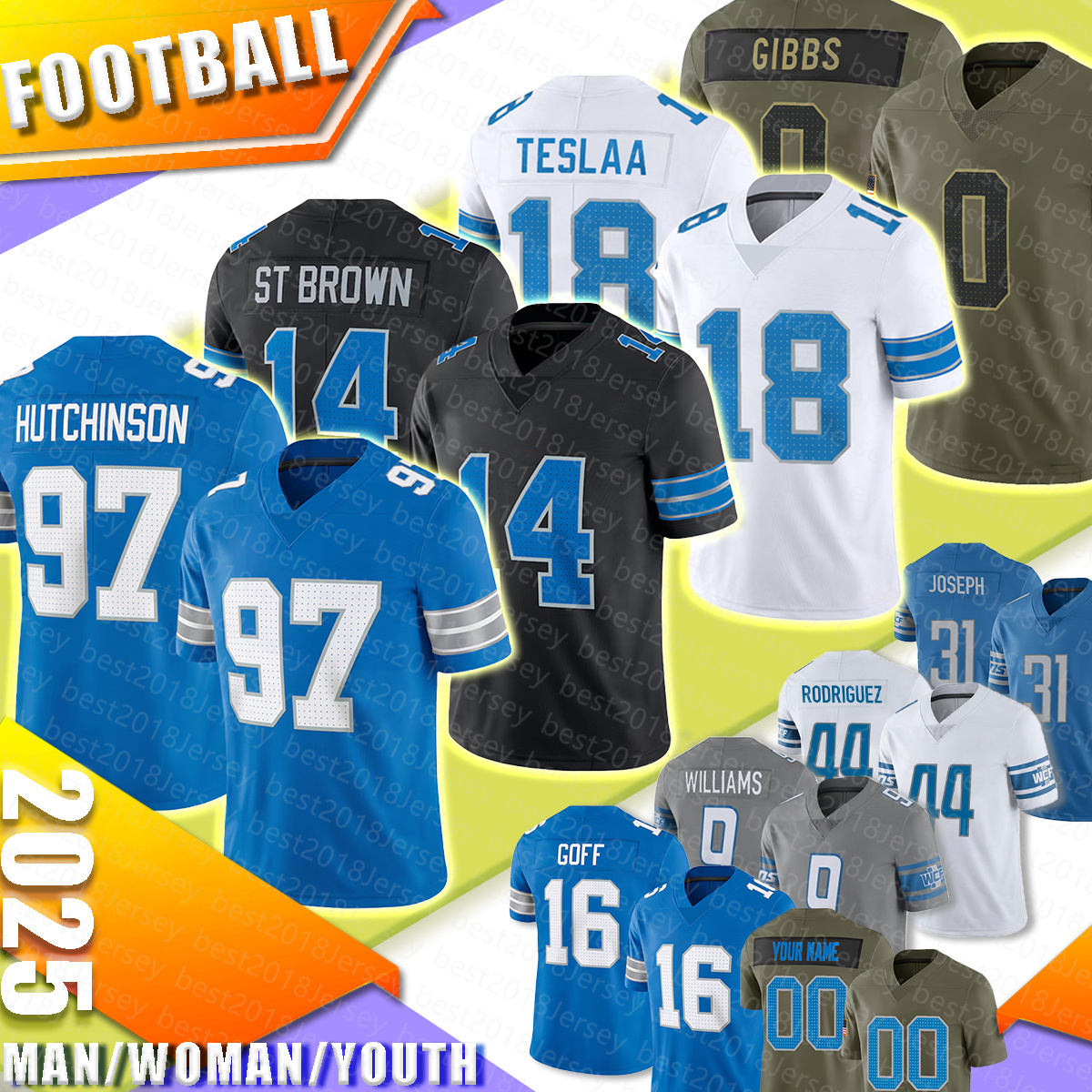 Mens Isaac TeSlaa Football Jerseys Amon-Ra St. Brown Jameson Williams Sam LaPorta Malcolm Rodriguez Jared Goff Jahmyr Gibbs Brian Branch Penei Sewell Barry Sanders