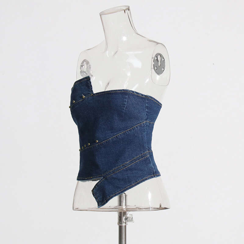 Designer Women's Summer Spliced Denim Strapless Vest with Rivets - High-End Short Slim Fit