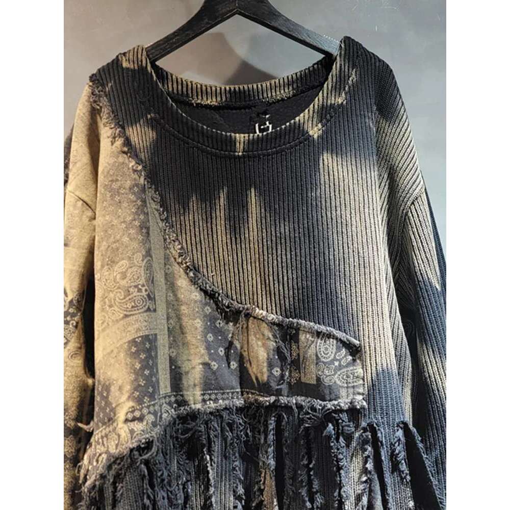 DEAT Women Pullover Knitted Distressed Tie-Dye Printed Black Vintage Tassel Long Sleeve Sweater Spring 2025 New Fashion 11A0969