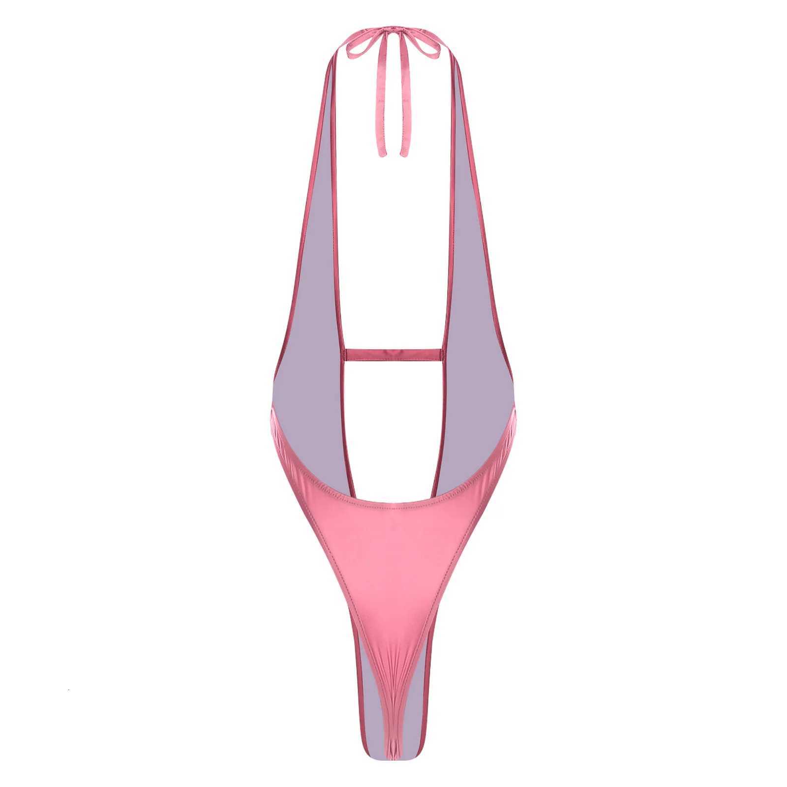 Womens Satin Mankini Swimwear Pool Party Swimsuit Halter Plunging V Neck Backless Sling Shot Bodysuit One Piece Bathing SuitW251113