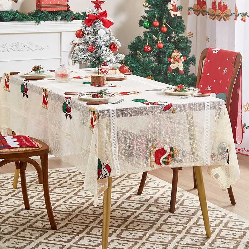 Christmas Khaki embroidered cartoon Santa Claus lace tablecloth Christmas party table cloth cartoon cute style Y251113