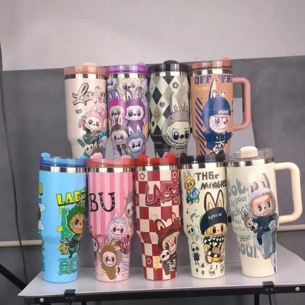 Kawaii Labubu Straw Cup Anime Portable Car Cup Cute 40oz Water Bottle Wholesale Cartoon Large Capacity Portable Car in Girl Gift X2506056