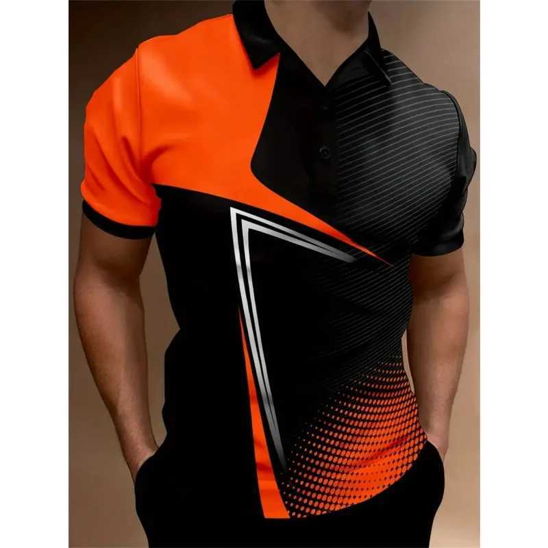 3D printed color striped mens polo shirt with geometric color block pattern mens casual lapel short sleeved top W250414