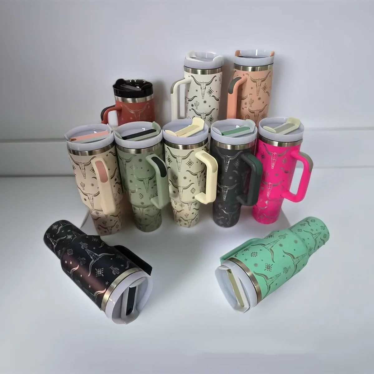 1PC Water Tumbler Cow Head Print 40oz Second Generation 304 Stainless Steel Double Insulation Handle Cup Car Cup Ice Bully Cup C251114