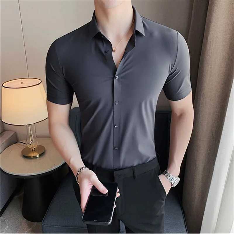 6-color high-quality new solid high elasticity seamless short sleeved mens slim fit casual business formal dress W250414