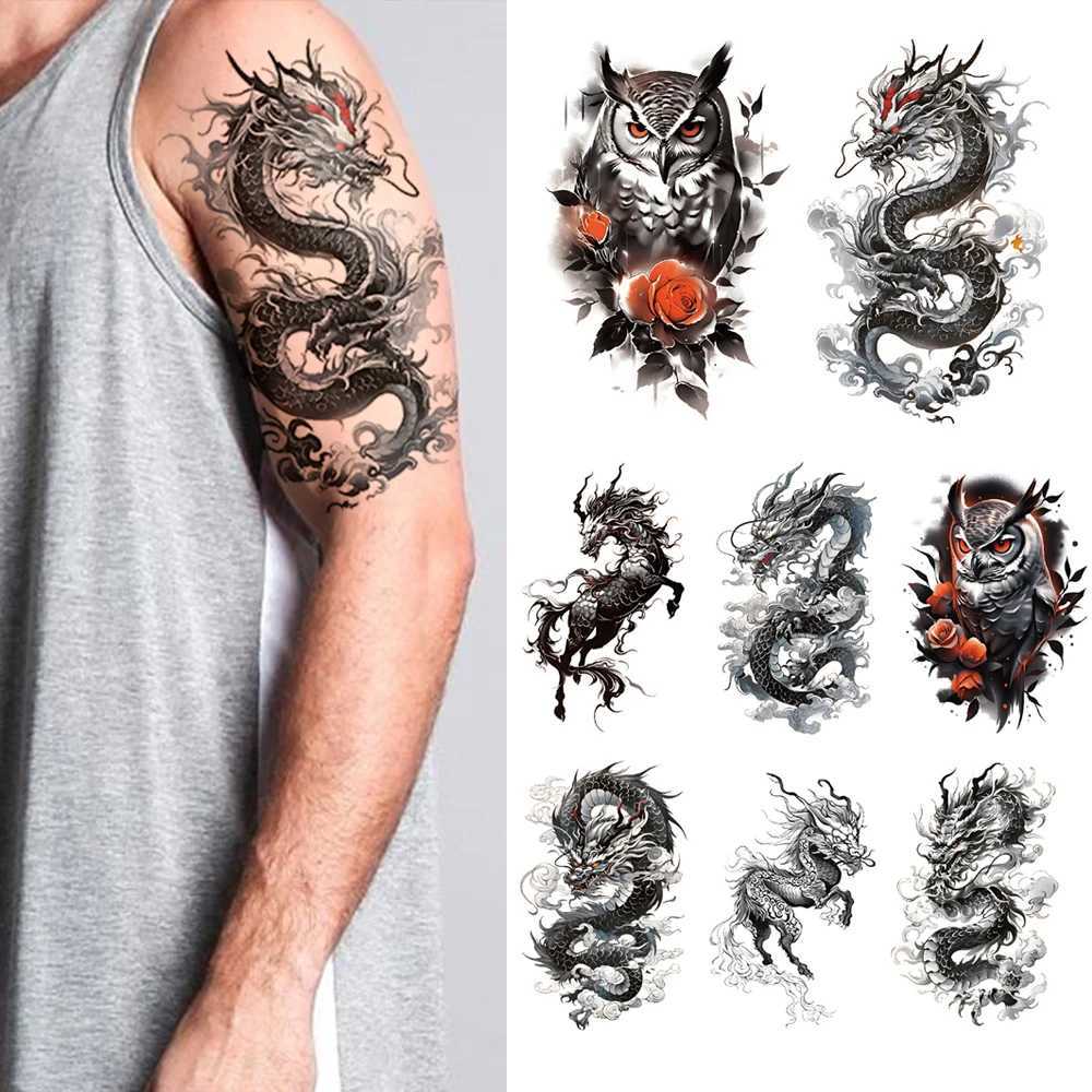 8 Waterproof Temporary Tattoo Stickers Flying Dragon Owl Rose Dark Animal Body Art Arm Fake Tattoo Sleeve WomenXJ25414
