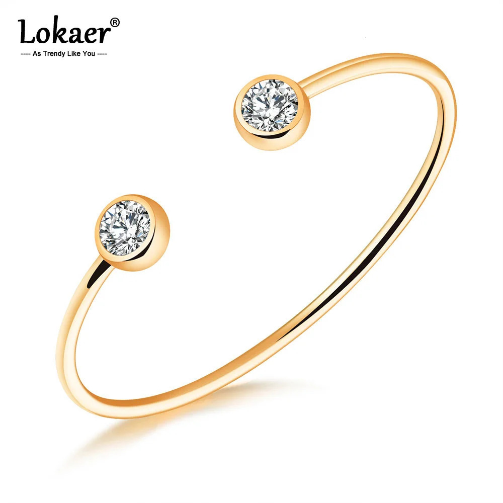 Lokaer Trendy Stainless Steel Open Bangles For Women Girl Gold Plated Bezel Setting Cubic Zirconia Cuff Bracelet B18094 250408