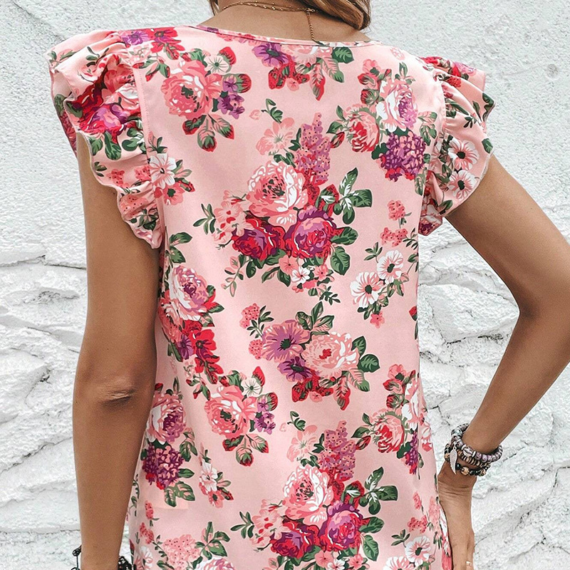Womens shirt 2025 summer vacation style flower print shirt lotus leaf short sleeved top
