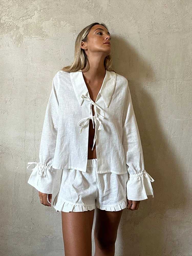 Solid linen lace top bow shirt womens short sleeved set lapel lantern Sve shirt pleated pants summer womens 2-piece setXJ250414
