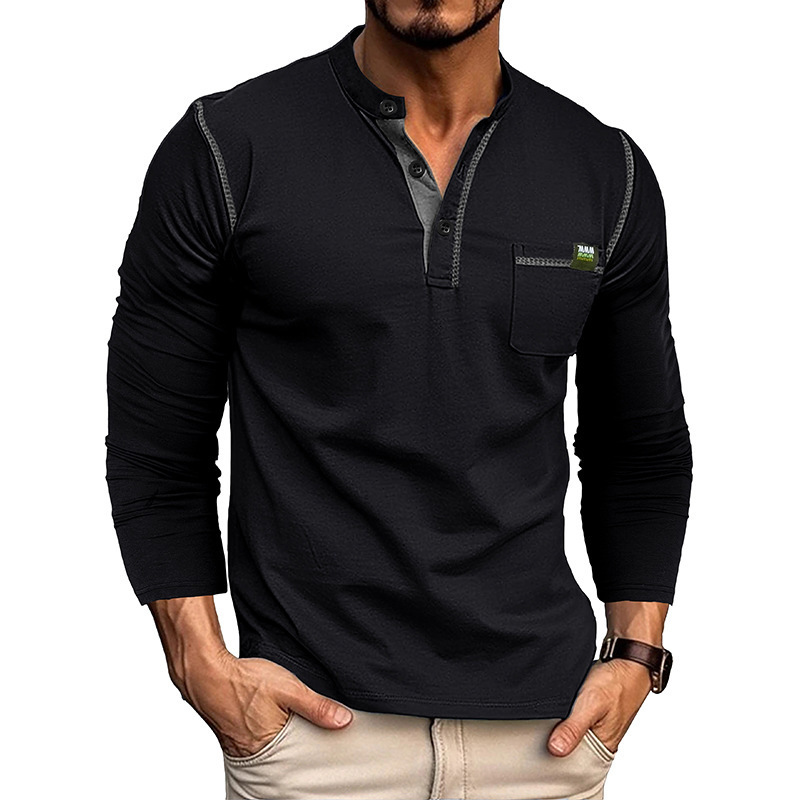 2025 mens Henry shirt long sleeved T-shirt mens color blocked knitted T-shirt men