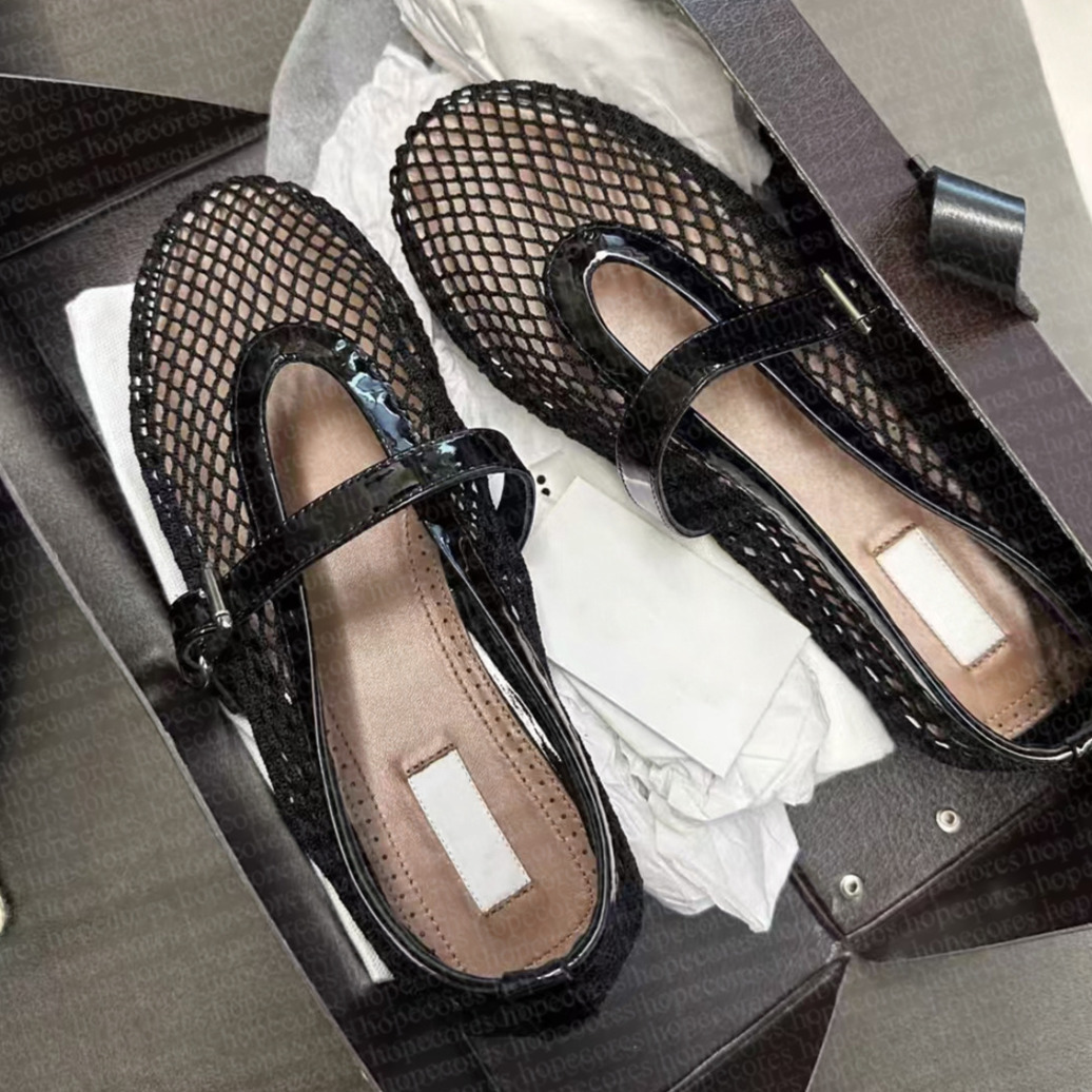 Designer Womens High-End Niche Ala Mesh One-line Buckle Ballerina Shoes Womens flats hollow Mary Jane single shoe fishnet shoes Sizes 34 - 44
