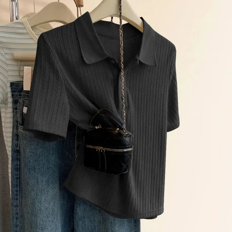 Womens Summer Loose Button Solid Color Polo Neck Short Sleeve Clothing Simple Appearance Thin Large Tshirt 250407