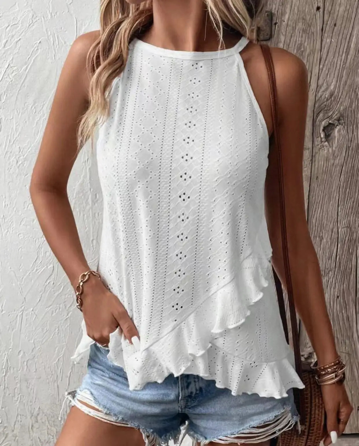 Womens plain eyeliner embroidery ruffle hem bag vest top casual round Nech sleeveless summer womens daily clothes 250414Z