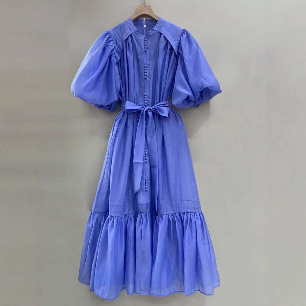 Designer Elegant High-End Ruffled Edge Spring/Summer Long Dress With Bubble Sleeves - Solid Colors Available