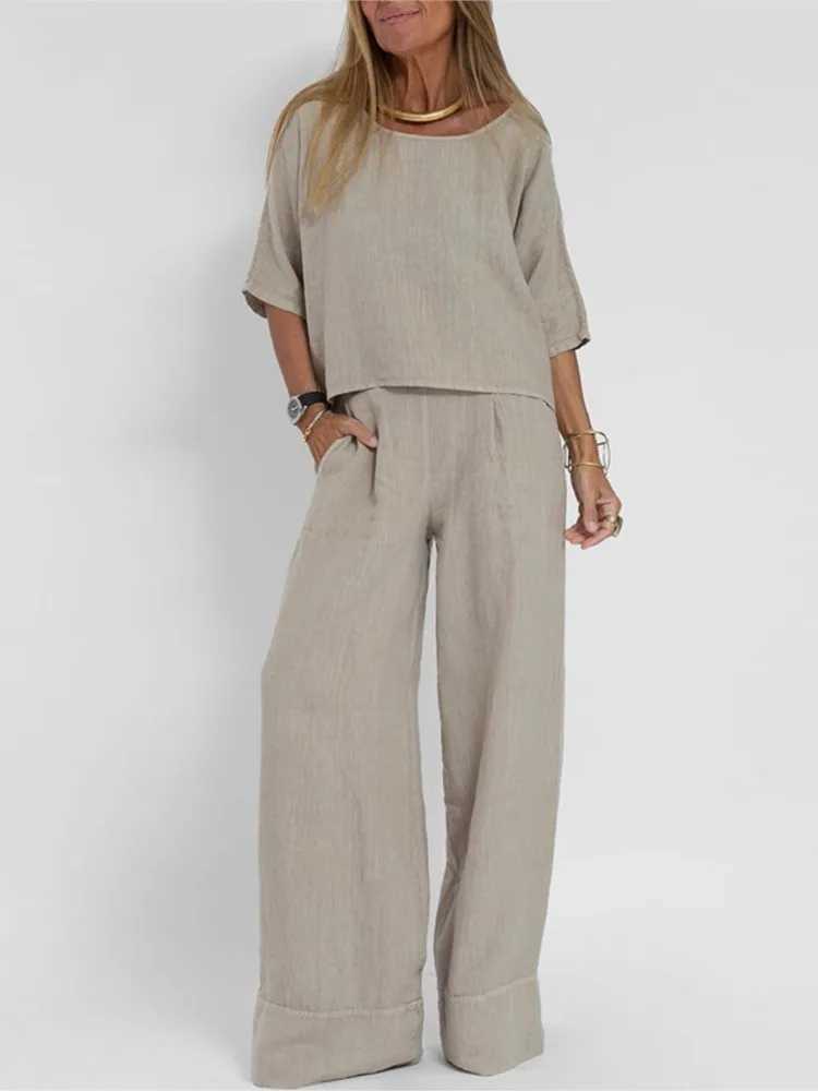 Summer fashion new cotton linen 2-piece set for womens casual O-neck short Sved top+wide leg pants 2-piece setXJ250414